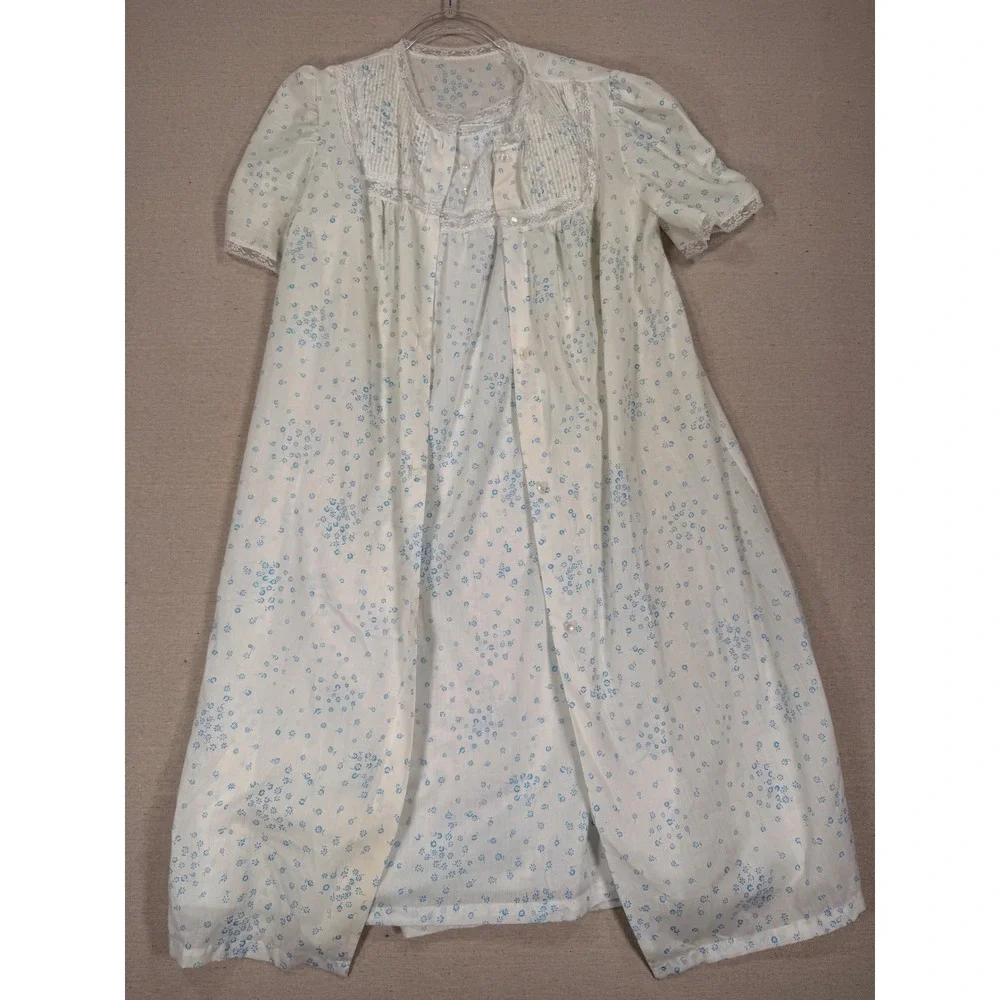 Vintage Sears Women Small Blue Floral Nightgown and Robe Set Lace Trim White